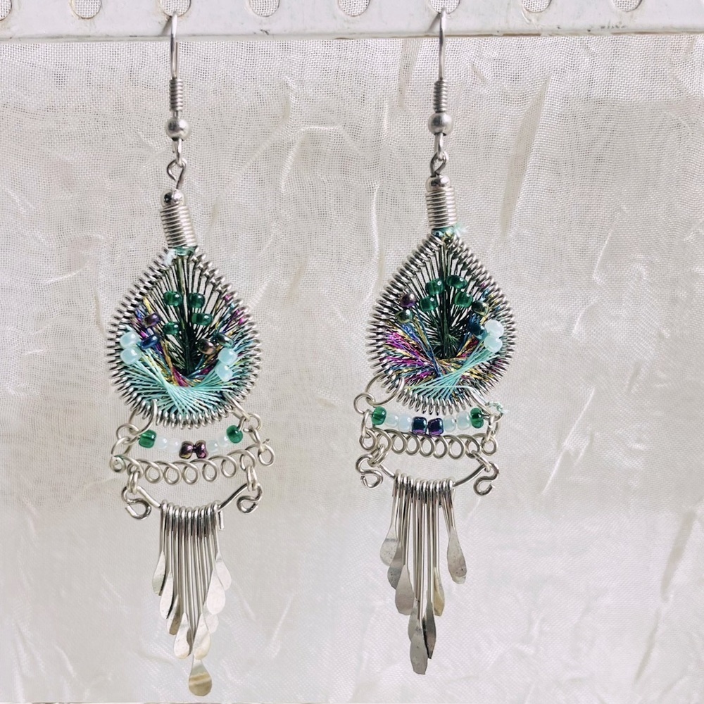 Vintage Boho Thread Art Earrings with Beads and Silver Fringe